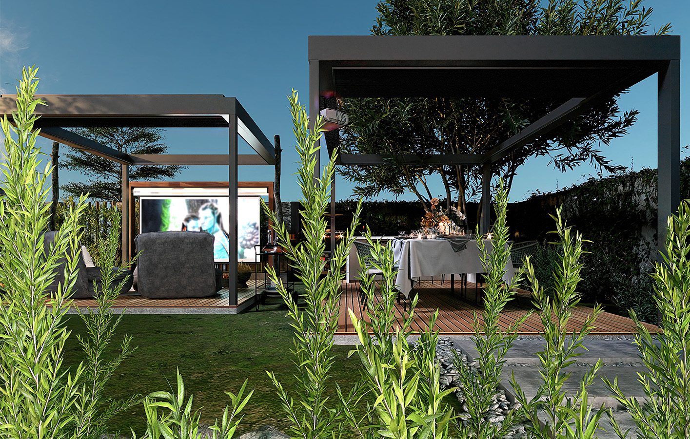 Naturbelassene Holzterrasse mit grünem Akzent Holzterrasse mit Pflanzen und einfacher Möblierung für ein natürliches Ambiente.